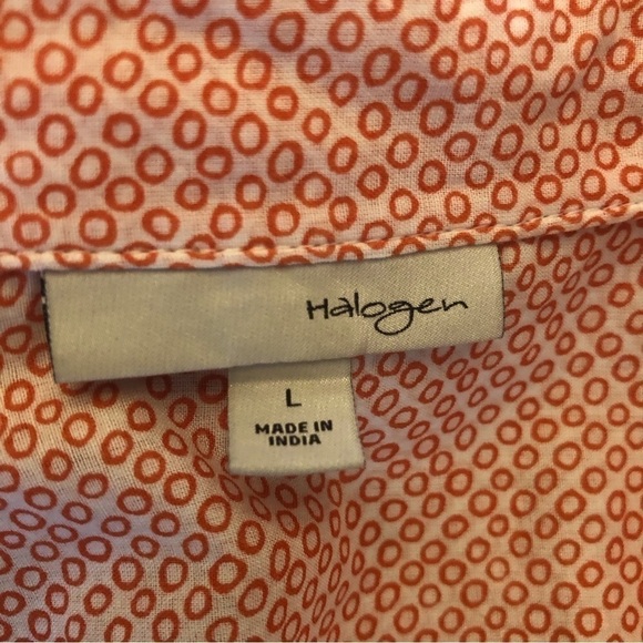 Halogen. Button down Long Sleeve Shirt. Orange and White Circle Pattern. Large. - Picture 10 of 11